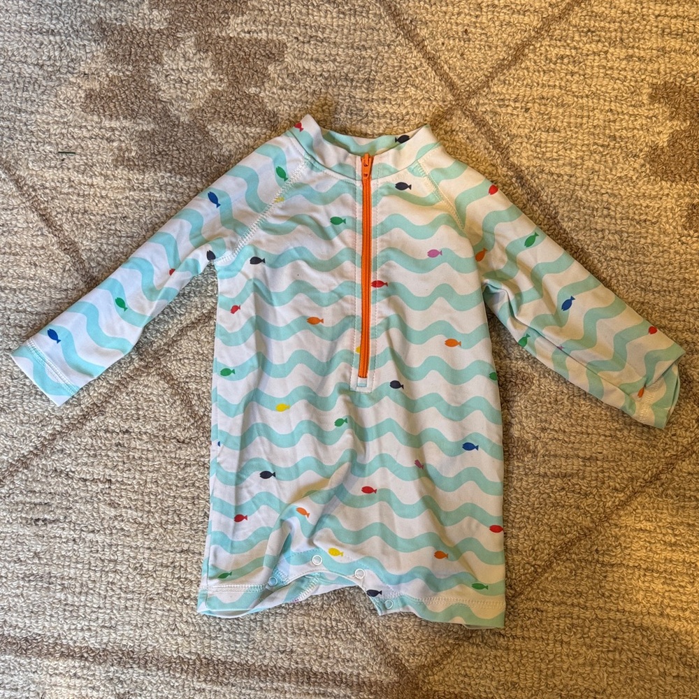 Primary Kids Swim One Piece - Blue with Multicolor Fish Pattern